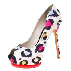 Sophia Webster Mutlicolor Leopard Print Fabric Peep Toe Platform Pumps Size 38.5
