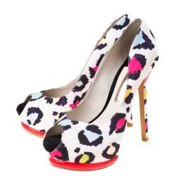Sophia Webster Mutlicolor Leopard Print Fabric Peep Toe Platform Pumps Size 38.5