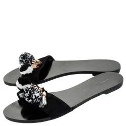 Sophia Webster Black Suede Jada Pom Pom Slide Flats Size 37