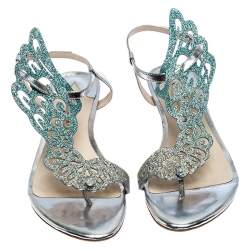 Pre Owned Sophia Webster Blue Ombre Glitter Leather Seraphina Angel Wing Flats Size 36.5