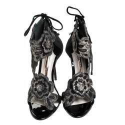Pre Owned Sophia Webster Black Suede And Lace Winona Embroidered Ankle Cuff Sandals Size 38 