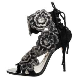 Pre Owned Sophia Webster Black Suede And Lace Winona Embroidered Ankle Cuff Sandals Size 38 
