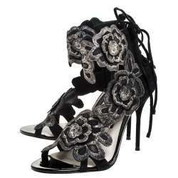 Pre Owned Sophia Webster Black Suede And Lace Winona Embroidered Ankle Cuff Sandals Size 38 