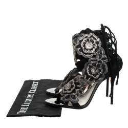 Pre Owned Sophia Webster Black Suede And Lace Winona Embroidered Ankle Cuff Sandals Size 38 