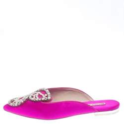 Pre Owned Sophia Webster Fuchsia Satin Crystal And Pearl Embellished Bibi Butterfly Pointed Toe Flat Slides Size 36.5