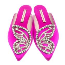 Pre Owned Sophia Webster Fuchsia Satin Crystal And Pearl Embellished Bibi Butterfly Pointed Toe Flat Slides Size 36.5