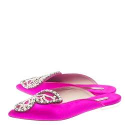 Pre Owned Sophia Webster Fuchsia Satin Crystal And Pearl Embellished Bibi Butterfly Pointed Toe Flat Slides Size 36.5