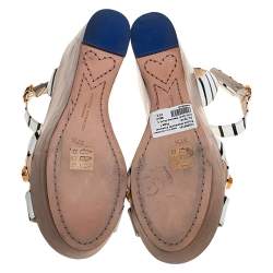 Sophia Webster White/Black Striped Leather Suki Gem Embellished Wedge Platform Sandals Size 37.5