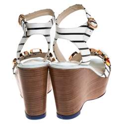Sophia Webster White/Black Striped Leather Suki Gem Embellished Wedge Platform Sandals Size 37.5