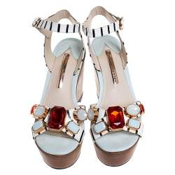 Sophia Webster White/Black Striped Leather Suki Gem Embellished Wedge Platform Sandals Size 37.5