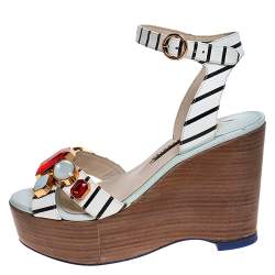 Sophia Webster White/Black Striped Leather Suki Gem Embellished Wedge Platform Sandals Size 37.5