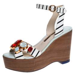 Sophia Webster White/Black Striped Leather Suki Gem Embellished Wedge Platform Sandals Size 37.5