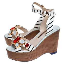 Sophia Webster White/Black Striped Leather Suki Gem Embellished Wedge Platform Sandals Size 37.5