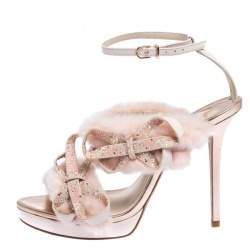 Pre Owned Sophia Webster Pink Faux Fur And Leather Bella Bow Embellished Ankle Strap Sandals Size 38.5
