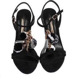Pre Owned Sophia Webster Black Suede Layla Pom Pom T-Strap Sandals Size 40