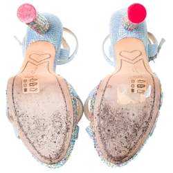 Sophia Webster Blue Glitter Fabric Loren Dreamy Crystal Embellished Platform Sandals Size 37.5