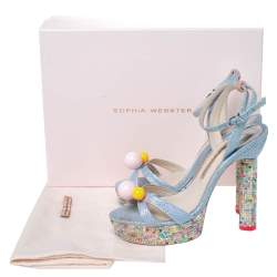 Sophia Webster Blue Glitter Fabric Loren Dreamy Crystal Embellished Platform Sandals Size 37.5