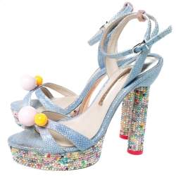Sophia Webster Blue Glitter Fabric Loren Dreamy Crystal Embellished Platform Sandals Size 37.5
