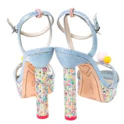 Sophia Webster Blue Glitter Fabric Loren Dreamy Crystal Embellished Platform Sandals Size 37.5