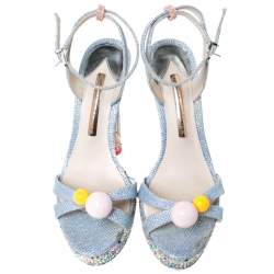 Sophia Webster Blue Glitter Fabric Loren Dreamy Crystal Embellished Platform Sandals Size 37.5
