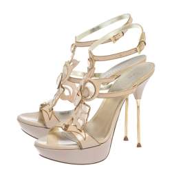 Pre Owned Loriblu Pink Patent Leather Crystal And Chain Embellished Cut Out Platform Sandals Size 37