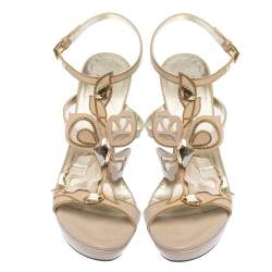 Pre Owned Loriblu Pink Patent Leather Crystal And Chain Embellished Cut Out Platform Sandals Size 37