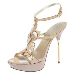 Pre Owned Loriblu Pink Patent Leather Crystal And Chain Embellished Cut Out Platform Sandals Size 37