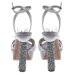 Pre Owned Sophia Webster Silver Velvet Glacia Embellished Platform Ankle Strap Sandals Size 35.5