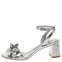 Pre Owned Sophia Webster Sliver Leather Floral Embellished Lilico Ankle Strap Sandals Size 37