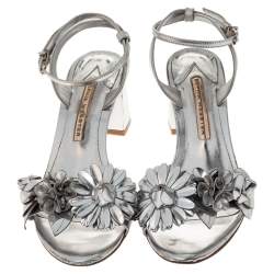 Pre Owned Sophia Webster Sliver Leather Floral Embellished Lilico Ankle Strap Sandals Size 37