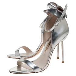 Pre Owned Sophia Webster Metallic Silver Leather Maya Crystal Embellished Bow Ankle Strap Sandals Size 37.5