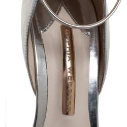 Pre Owned Sophia Webster Metallic Silver Leather Maya Crystal Embellished Bow Ankle Strap Sandals Size 37.5
