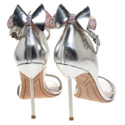 Pre Owned Sophia Webster Metallic Silver Leather Maya Crystal Embellished Bow Ankle Strap Sandals Size 37.5