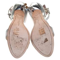 Pre Owned Sophia Webster Metallic Silver Leather Maya Crystal Embellished Bow Ankle Strap Sandals Size 37.5
