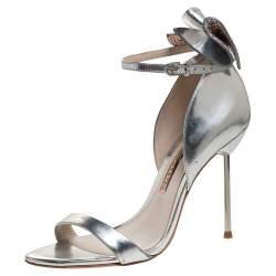 Pre Owned Sophia Webster Metallic Silver Leather Maya Crystal Embellished Bow Ankle Strap Sandals Size 37.5