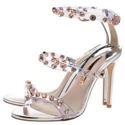 Pre Owned Sophia Webster Sliver Leather And PVC Crystal Embellished Ankle Strap Sandals Size 37