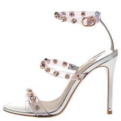 Pre Owned Sophia Webster Sliver Leather And PVC Crystal Embellished Ankle Strap Sandals Size 37