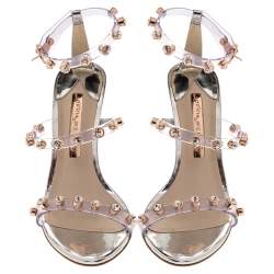 Pre Owned Sophia Webster Sliver Leather And PVC Crystal Embellished Ankle Strap Sandals Size 37