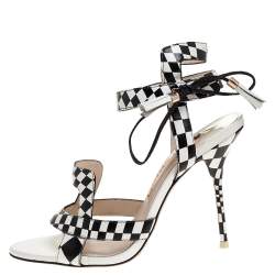Pre Owned Sophia Webster Monochrome Checkered Leather Poppy Ankle Wrap Sandals Size 38