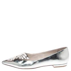 Sophia Webster Metallic Silver Leather Bibi Butterfly Pointed Toe Ballet Flats Size 37.5