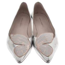 Sophia Webster Metallic Silver Leather Bibi Butterfly Pointed Toe Ballet Flats Size 37.5