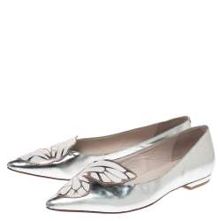 Sophia Webster Metallic Silver Leather Bibi Butterfly Pointed Toe Ballet Flats Size 37.5