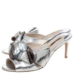 Pre Owned Sophia Webster Metallic Silver Laser Cut Leather Soleil Mules Size 36