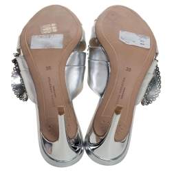 Pre Owned Sophia Webster Metallic Silver Laser Cut Leather Soleil Mules Size 36