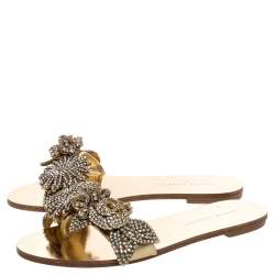 Pre Owned Sophia Webster Gold Mirror Leather Lilico Crystal Embellished Slide Flats Size 36.5