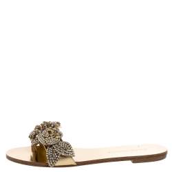 Pre Owned Sophia Webster Gold Mirror Leather Lilico Crystal Embellished Slide Flats Size 36.5