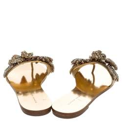 Pre Owned Sophia Webster Gold Mirror Leather Lilico Crystal Embellished Slide Flats Size 36.5