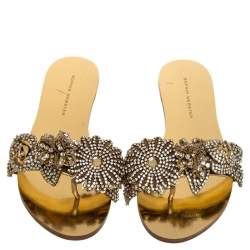 Pre Owned Sophia Webster Gold Mirror Leather Lilico Crystal Embellished Slide Flats Size 36.5
