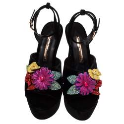 Pre Owned Sophia Webster Black Velvet Flower Embellished Platform Ankle Strap Sandals Size 40.5