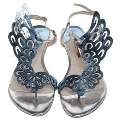Pre Owned Sophia Webster Metallic Blue/Silver Leather Seraphina Angel Wing Flats Size 41